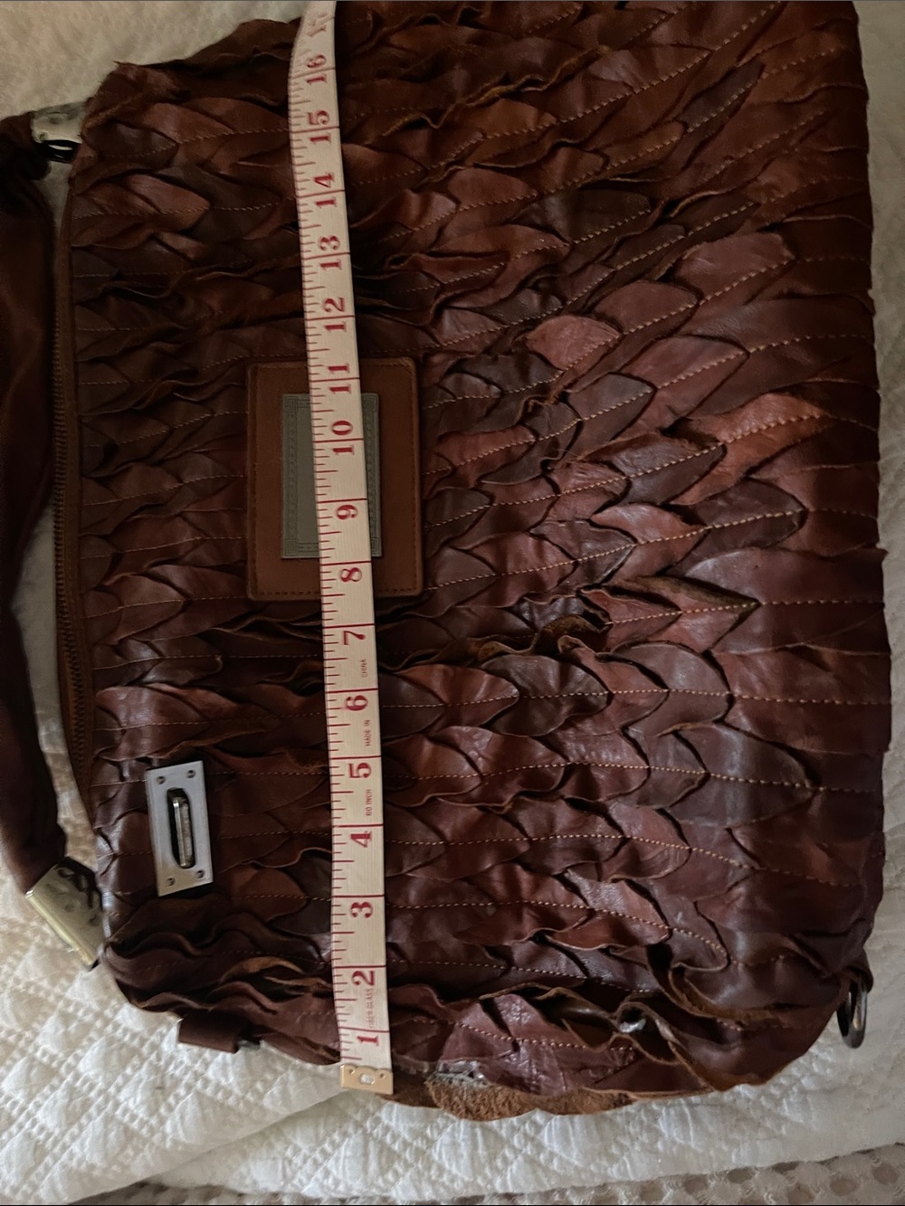 Ruffled Brown Leather Shoulder Tote